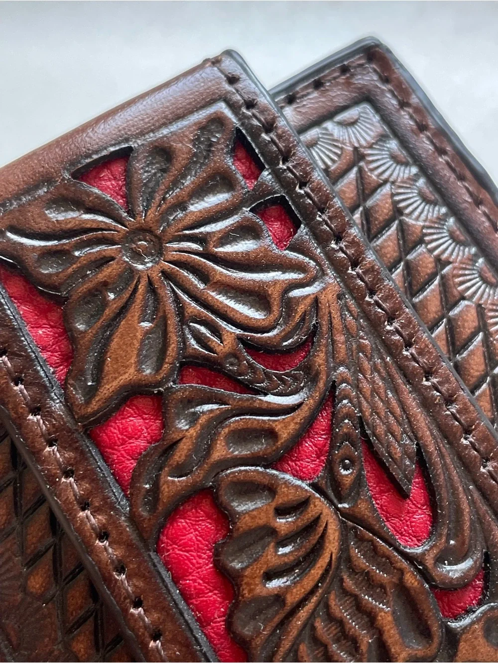 Nocona Men’s Red and Brown Floral Tooled Leather Magnetic Money Clip Wallet